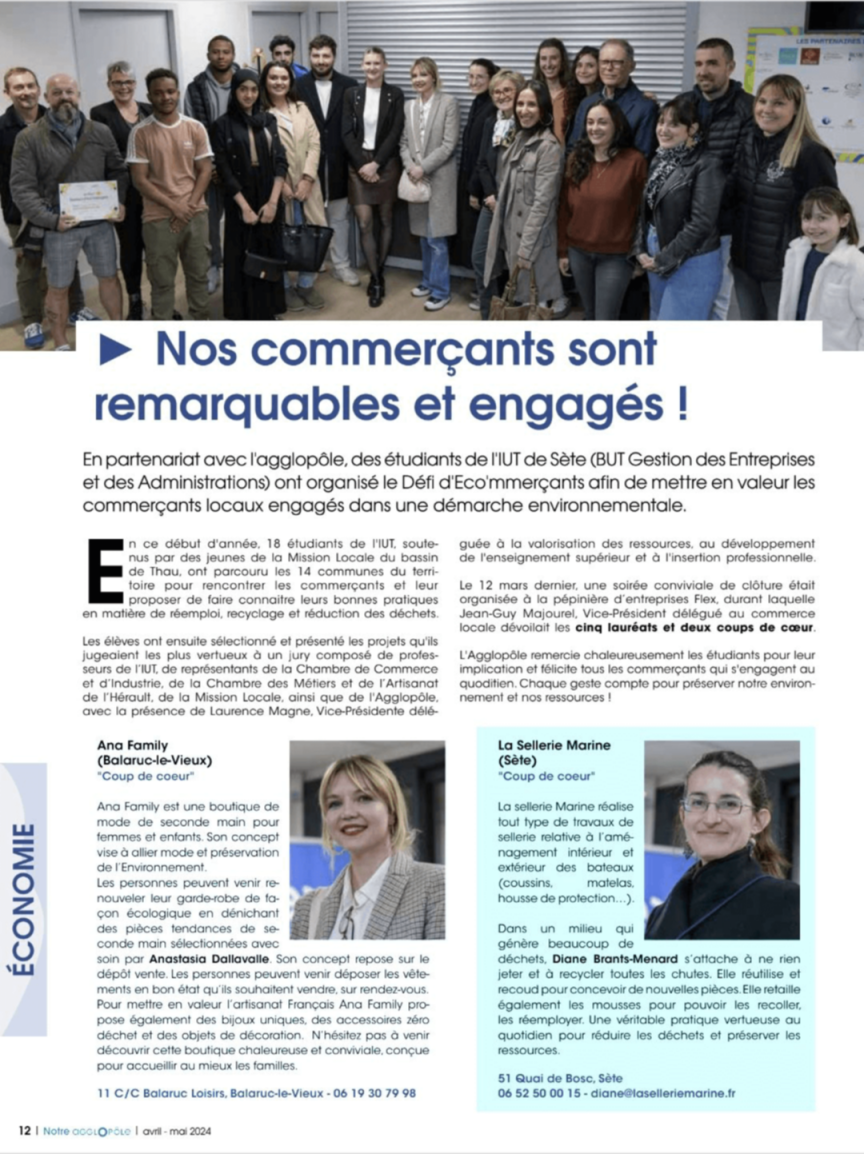 Parution dans Magazine de Sète Agglopole Sète - Avril 2024 : pour le concours des e-commerçants qui récompense les entreprises engagées dans le respect de l'environnement et la réduction de la pollution. Ana Family élue coup de coeur !